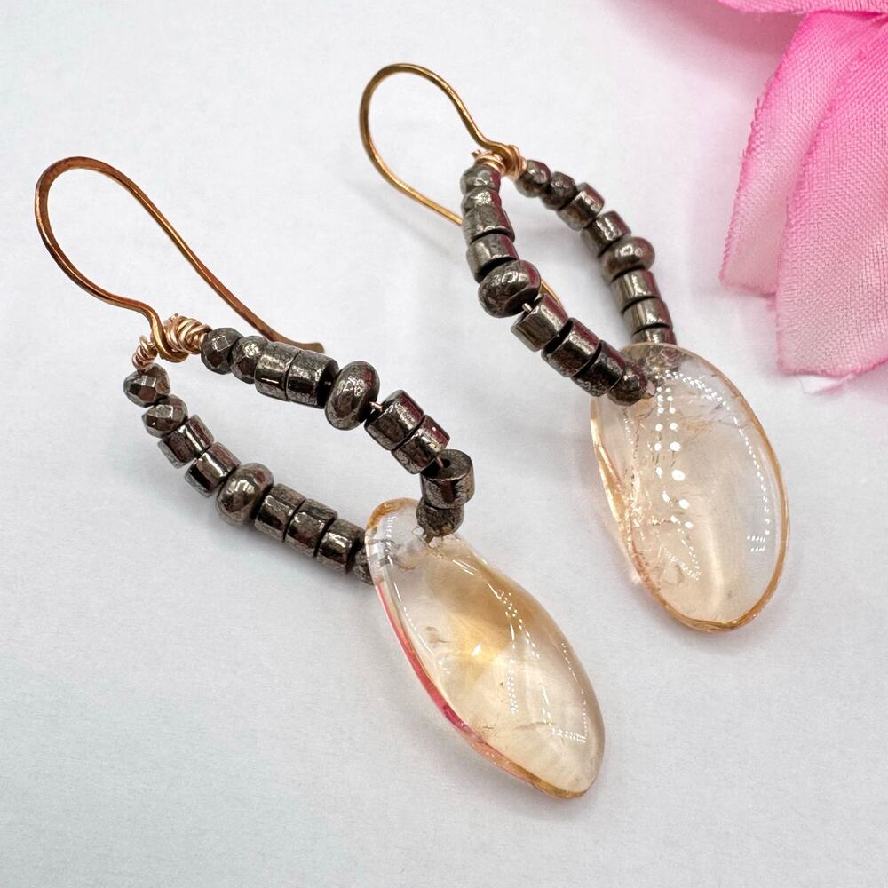 Artisan Raw Citrine Nugget and Hematite Bead Dangle Earrings Gemstones Handmade